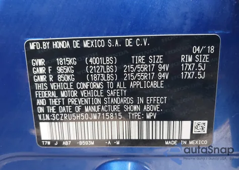 2018 Honda Hr-V Ex из США, поврежденный, VIN 3CZRU5H50JM715815